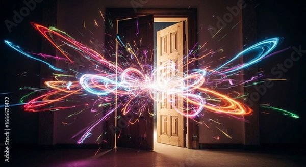 Fototapeta Unleash vibrant energy through an open doorway, a dazzling explosion of colorful light trails and sparks illuminating the path ahead.