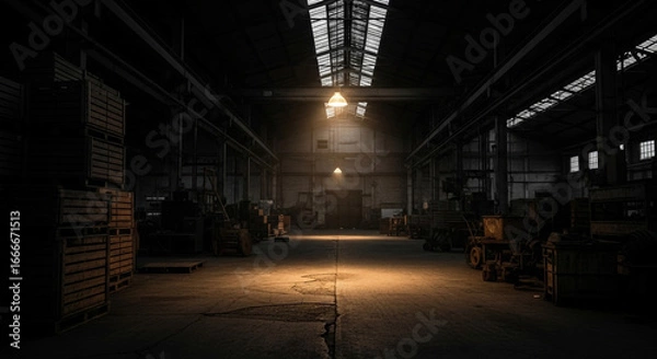 Fototapeta Dramatic empty warehouse interior with moody lighting, crates, and industrial machinery casting long shadows
