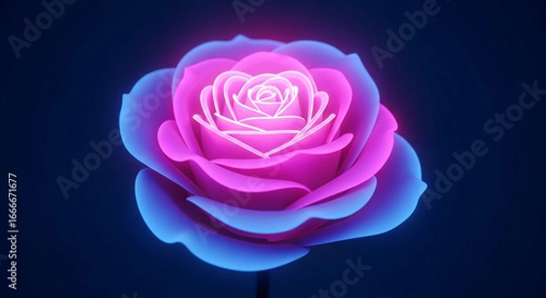 Fototapeta Vibrant neon rose glows with electric pink and blue hues against a dark, moody background, creating a futuristic floral aesthetic.
