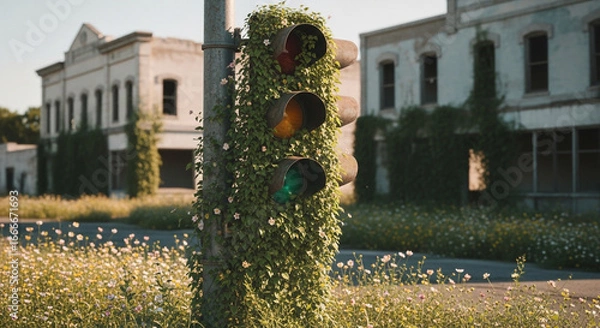 Fototapeta Nature reclaims abandoned town traffic light overgrown with vibrant green vines and delicate flowers