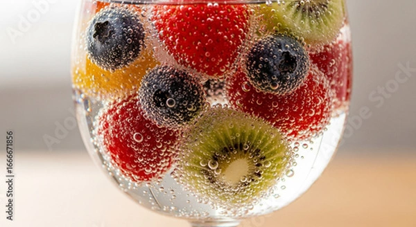 Fototapeta Refreshing cocktail with vibrant berries and kiwi submerged in sparkling water, a healthy and delicious drink