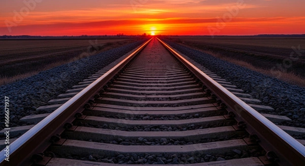 Fototapeta Dramatic sunset over railway tracks leading towards horizon, evoking travel, journey, and endless possibilities