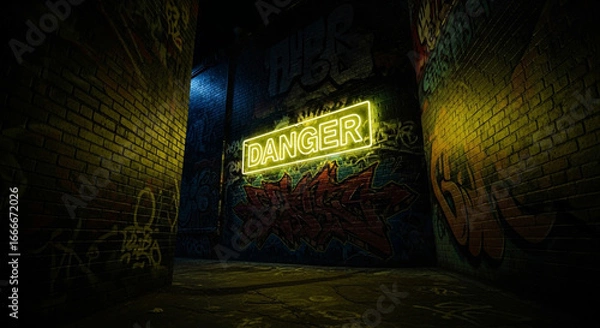 Fototapeta Urban alleyway with neon danger sign and graffiti art, creating a moody, edgy atmosphere for creative projects