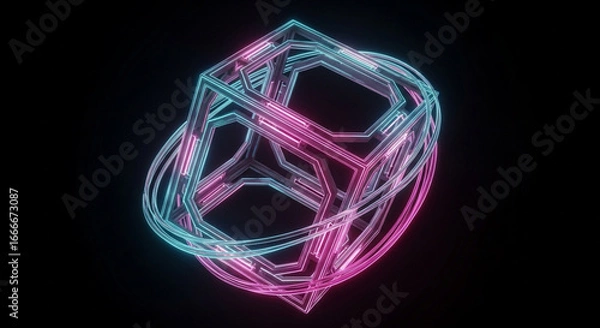 Fototapeta Dynamic neon cube design with vibrant pink and blue glow on a black background, perfect for tech concepts