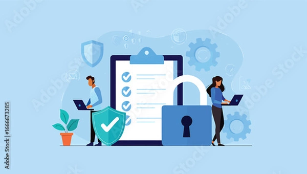 Fototapeta Cybersecurity concept digital security checklist and locked symbol with people using laptops