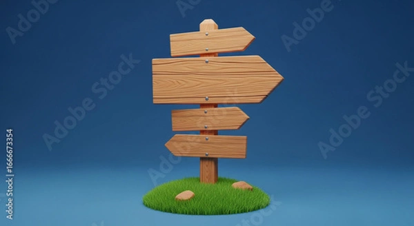 Fototapeta Wooden direction signpost pointing the way forward on a patch of grass, perfect for travel and adventure themes