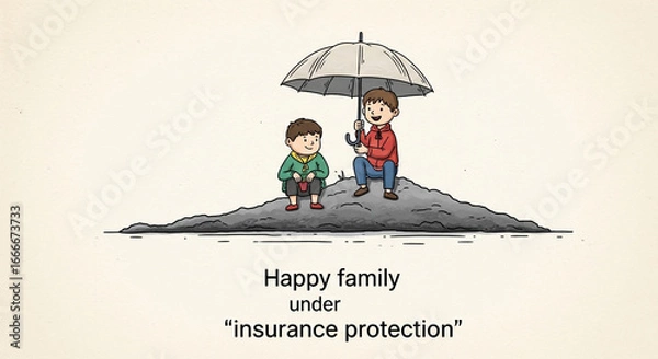 Fototapeta Two children sheltering under an umbrella, representing family insurance and protection from life's storms