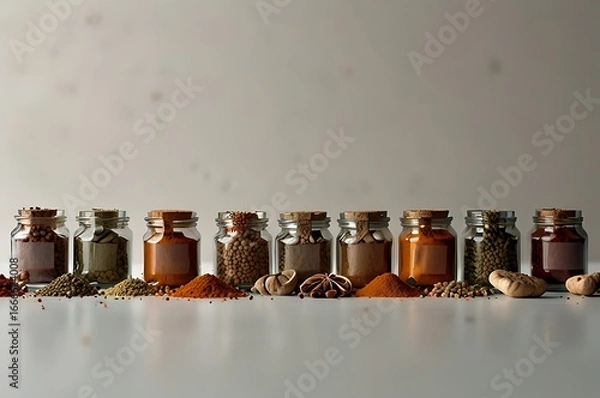 Obraz Kitchen spices on plain background, chilli spices