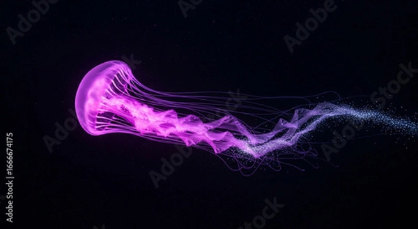 Fototapeta Luminous jellyfish glowing with vibrant purple light gracefully floating in a dark ocean environment