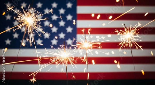 Fototapeta Sparkling fireworks celebrating American pride against the backdrop of the US flag for patriotic events