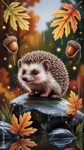 Fototapeta Cute Hedgehog on a Rock in an Enchanted Autumn Forest Scene