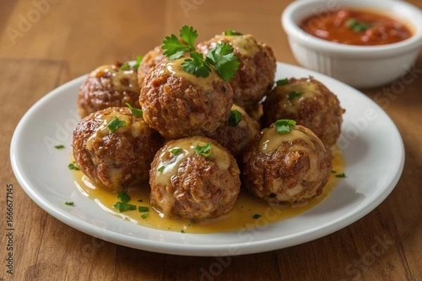 Fototapeta Cheddar cheese and cilantro sausage bites served with dipping sauce on a dish, close-up view on a table, horizontal orientation
