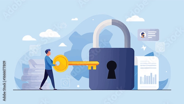 Fototapeta Digital security concept A person with a key unlocks a padlock, representing data protection, privacy, and secure access management solutions