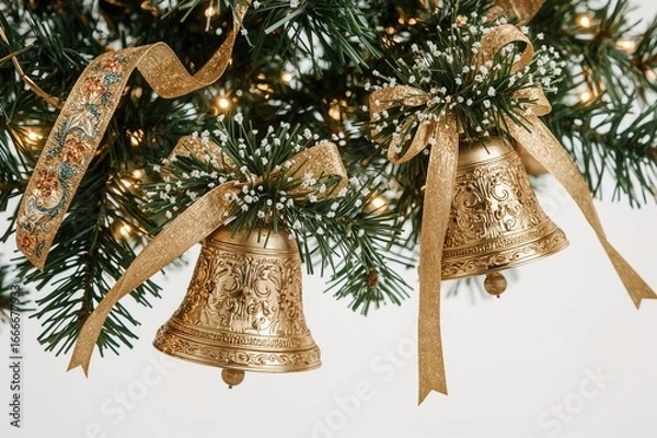 Fototapeta Festive bells adorned with ribbons and greenery on a white backdrop