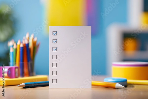 Fototapeta Checklist for tasks: Prioritized list with pencil.  Organization and planning in school setting.