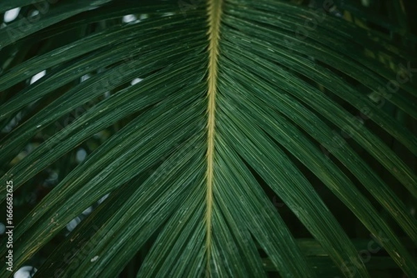 Fototapeta Detailed view of a green palm leaf surface from an ornamental Bottle Palm tree