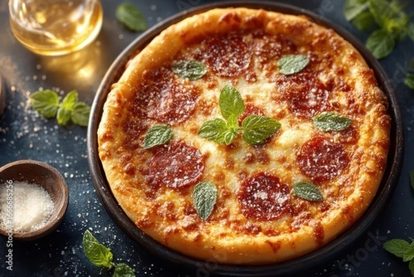 Obraz Delicious Pepperoni Pizza Topped with Fresh Mint Leaves, Garnished with Grated Cheese, Set Against a Dark Background with Herbs and a Glass of Beer