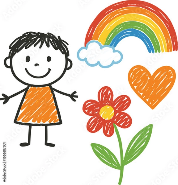 Fototapeta Cute kid scribble line flower, heart. rainbow background. Hand drawn doodle sketch childish element set