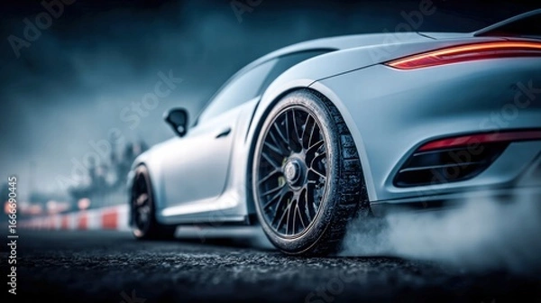 Fototapeta The white sports car drifts, leaving a trail of smoke on the track, showcasing speed and power.