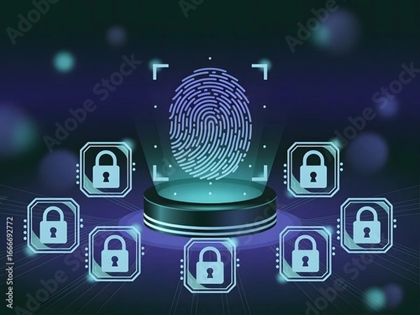 Fototapeta Futuristic digital fingerprint authentication with padlocks, cybersecurity and data protection concept illustration in glowing neon blue security technology background
