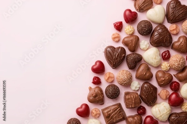 Obraz Variety of premium chocolate treats. Candy background. Space for text. Overhead perspective.