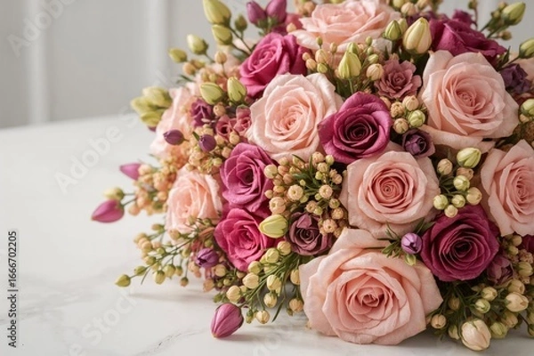 Fototapeta A detailed view of fake flowers arranged on a white surface with an out-of-focus backdrop.