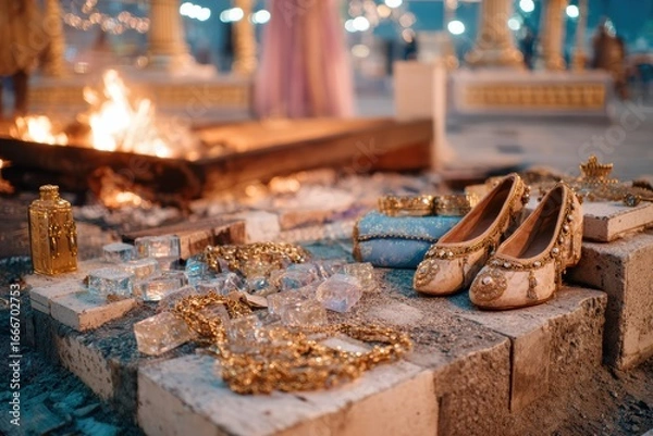 Fototapeta Elegant Footwear and Exquisite Jewelry Displayed Near a Traditional Fire, Creating a Captivating Atmosphere of Heritage and Celebration in a Cultural Setting at Night