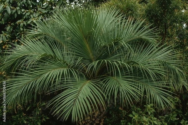 Fototapeta The Ranenala palm showcases elongated, thin leaves in a bright green shade, bringing an exotic natural element to its surroundings.