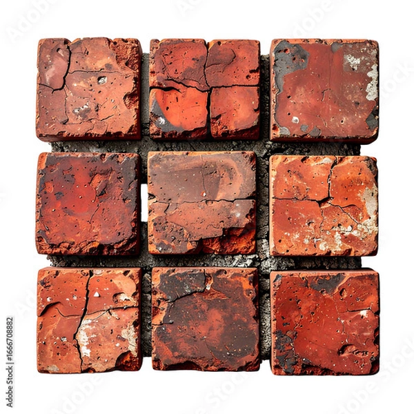 Obraz Distressed Red Brick Arrangement in Grid Pattern on transparent background
