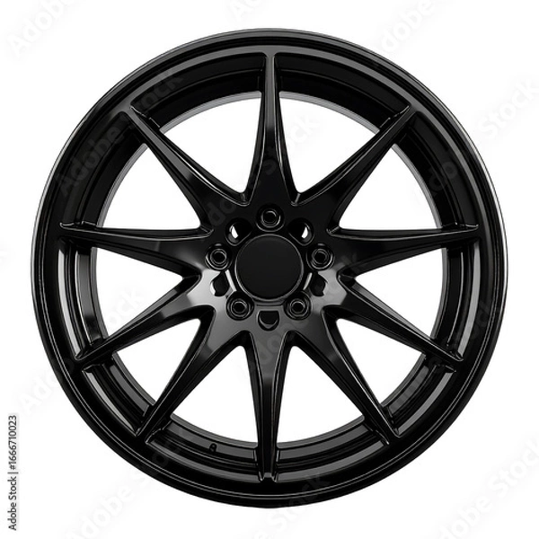 Obraz Sleek black alloy car wheel design showcased in meticulous detail on transparent background
