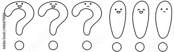Fototapeta かわいいはてなとびっくりマークのキャラクター表情セット（黒線のみ）