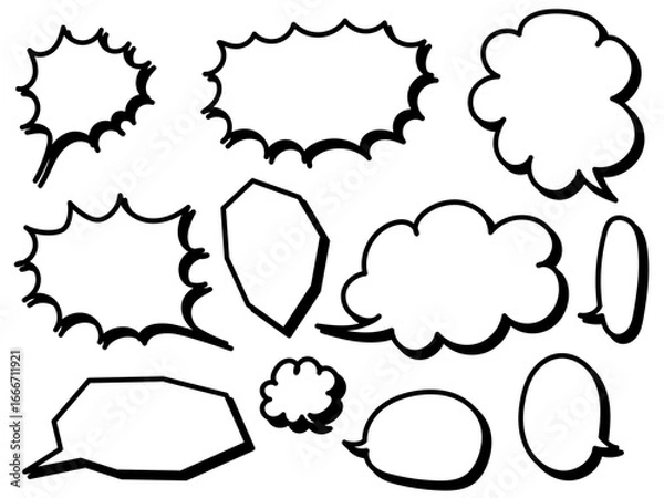 Fototapeta 手描き吹き出しセット（影付き、黒線、白塗り）