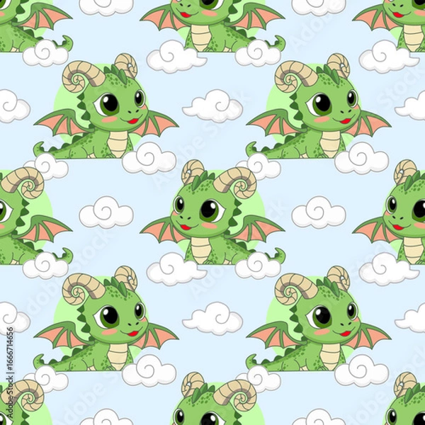 Obraz Cute Cartoon Green Dragons and Clouds Seamless Pattern