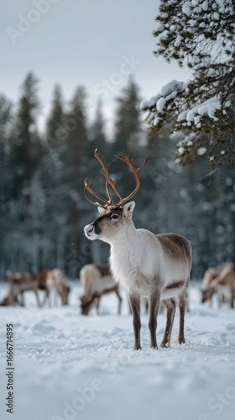 Fototapeta A majestic reindeer stands in the middle of a snowy Lapland forest, its antlers wide and strong against the pale winter sky