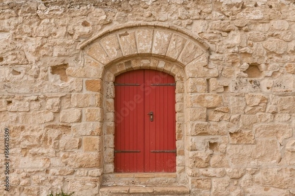 Fototapeta A vertical photo featuring a weathered brick wall with an arched entrance and a crimson door