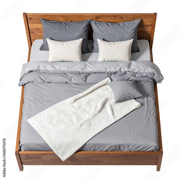 Obraz Cozy wooden bed with grey and white linens on transparent background