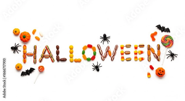 Fototapeta Colorful confectionery spelling out 'Halloween' with charming spooky embellishments, creating a delightful holiday flat lay on a bright white surface