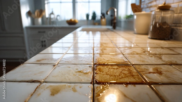 Fototapeta Comparison between oil stains in the kitchen countertop before and after cleaning