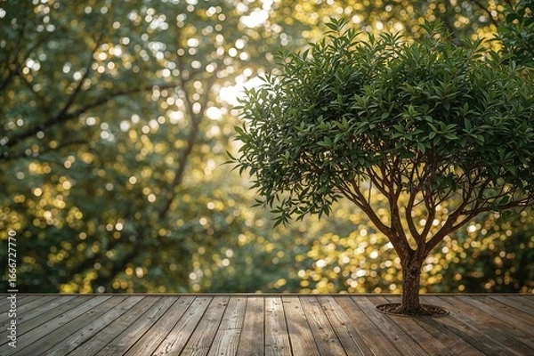 Fototapeta Soft orange sunlight filtering through trees with green bokeh and wooden deck background
