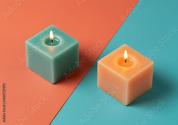 Fototapeta Two square candles burning on a colorful background