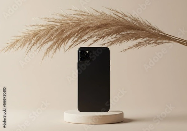 Fototapeta Black smartphone on a pedestal with pampas grass