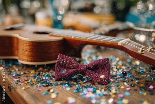 Obraz Festive Ukulele and Glittery Bow Tie Surrounded by Colorful Confetti on a Rustic Table, Perfect for Celebrations and Musical Gatherings