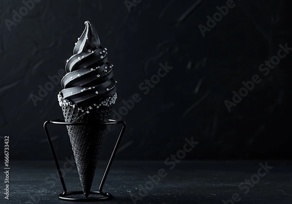 Fototapeta Black ice cream cone with sprinkles on dark background