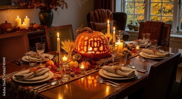 Fototapeta Thanksgiving dinner table setting with pumpkin centerpiece and candles