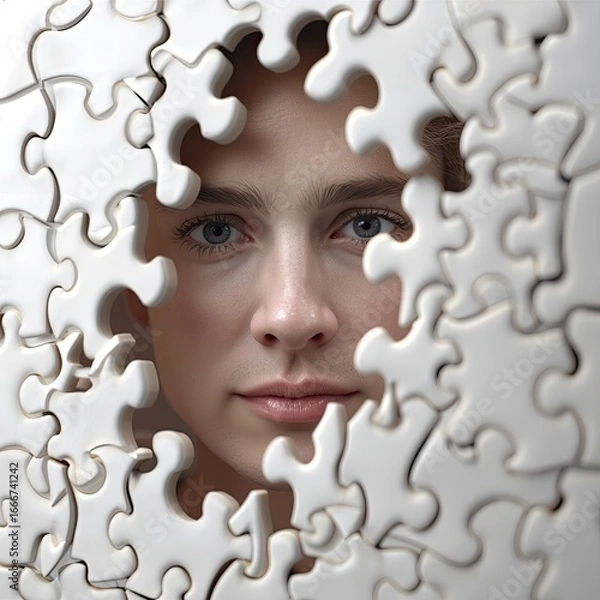 Fototapeta A young Caucasian woman peers through a puzzle piece frame, showcasing a contemplative expression amidst a blend of soft tones.