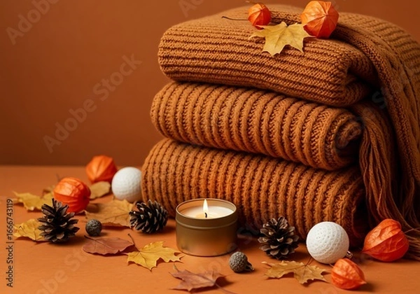 Fototapeta Cozy autumn scene with stacked sweaters and a lit candle
