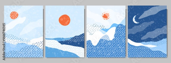 Fototapeta Vector hand drawn illustration. Winter cold snowy season. Abstract flat minimalist design landscape set. Vintage nature graphic with doodle scribbles. Day, night scene. Clear sky. Mountains, forest