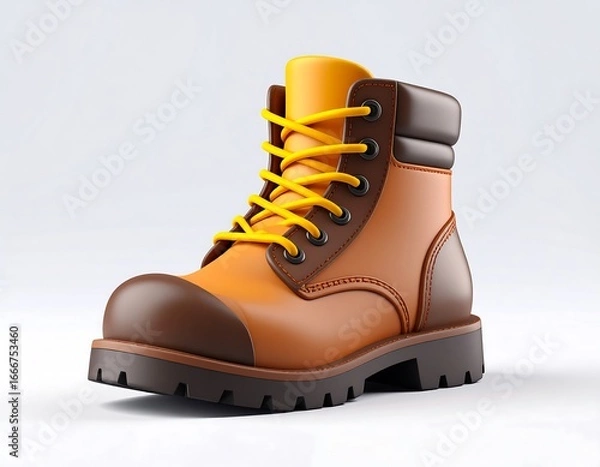 Fototapeta Stylized 3D render of a brown and yellow work boot with vibrant yellow laces, dark brown sole and toe cap, standing angled against a clean white background, symbolizing hard work and Labor Day.