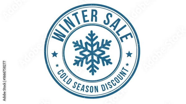 Fototapeta Creative vector illustration of a round emblem for winter promotions, showcasing a snowflake symbol and clear messaging about seasonal price reductions