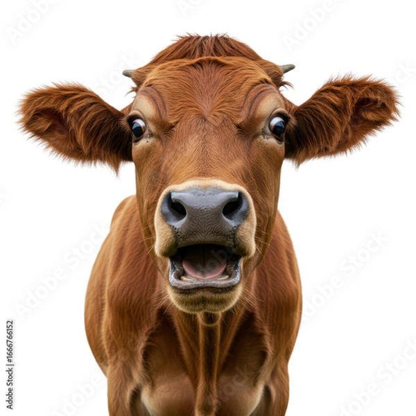 Fototapeta A surprised brown cow stares directly at the camera with its mouth wide open.